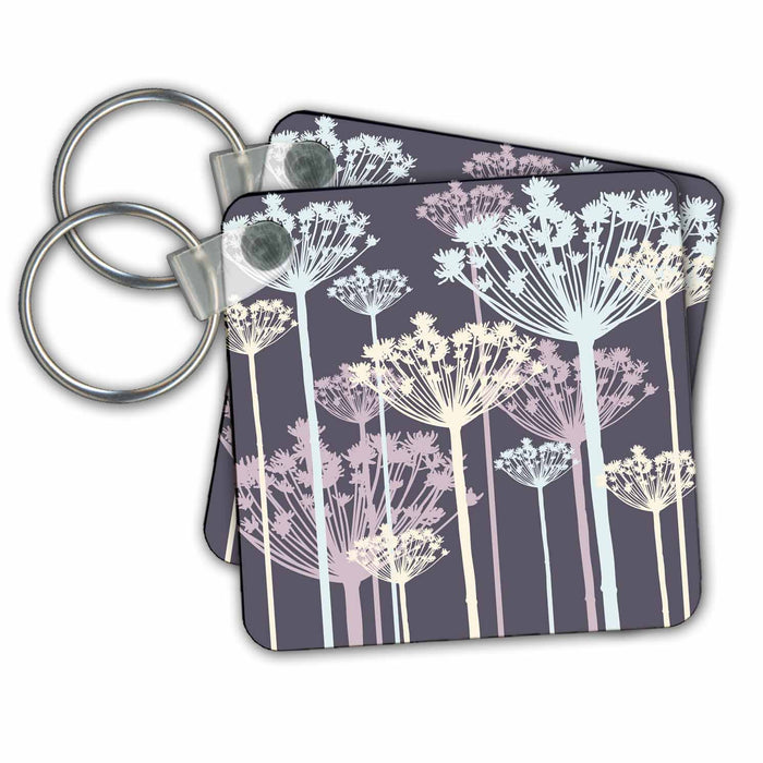 set of 6 Key Chains - Pretty Light Blue and Purple Dandelions On A Purple Background Flowers