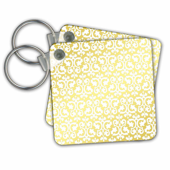 set of 6 Key Chains - White Wide Damask On A Faux Gold Background Damask