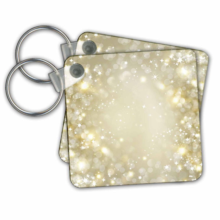 set of 6 Key Chains - White and Gold Sparkle Bokeh With Stars Sparkle