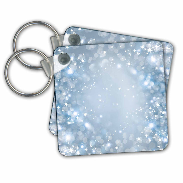 set of 6 Key Chains - White and Blue Sparkle Bokeh With Stars Sparkle