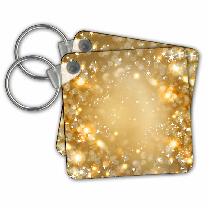 set of 6 Key Chains - White and Faux Gold Sparkle Bokeh With Stars Sparkle