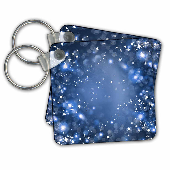 set of 6 Key Chains - White and Bright Blue Sparkle Bokeh With Stars Sparkle