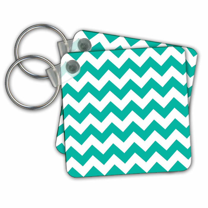 set of 6 Key Chains - Turquoise and White Wide Chevron Stripes Pattern Chevron Stripes