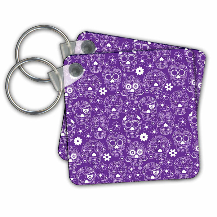 set of 6 Key Chains - White Sugar Skulls On A Purple Background Sugar Skulls