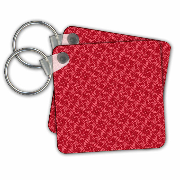 set of 6 Key Chains - Red Four Petal Flowers In Triangles Pattern Patterns