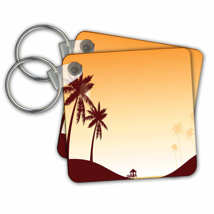 set of 6 Key Chains - Pretty Sunset Beach Scene With Palm Trees Beaches