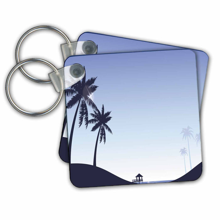 set of 6 Key Chains - Pretty Blue Beach Scene With Palm Trees Beaches