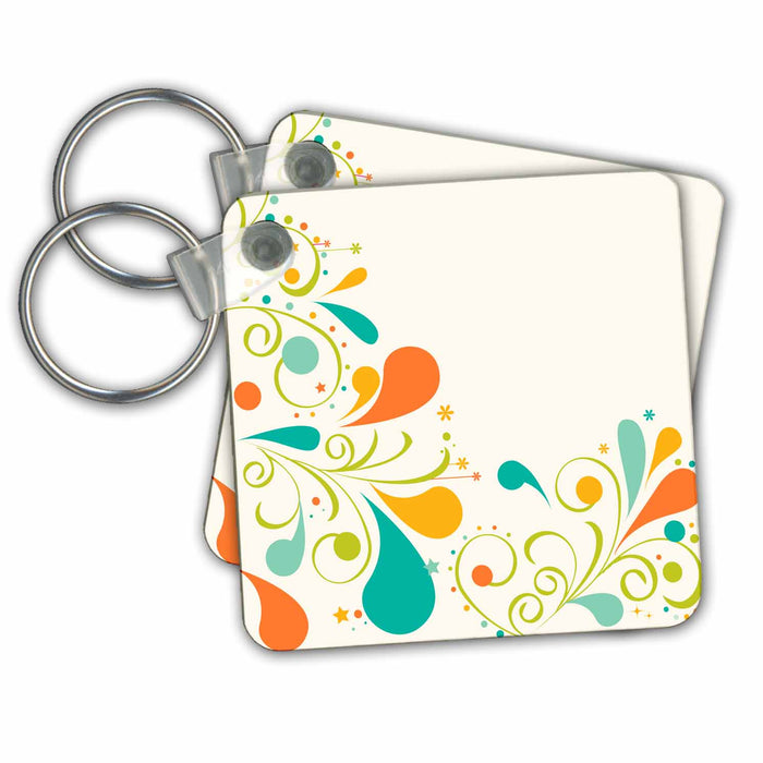 set of 4 Key Chains - Pretty Orange, Turquoise and Green Flourishes With Flowers and Stars Flourishes