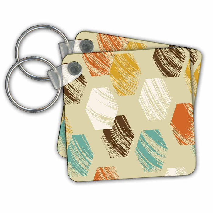 set of 4 Key Chains - Contemporary Orange, White, Brown, and Aqua Brushed Hexagon Pattern Geometric