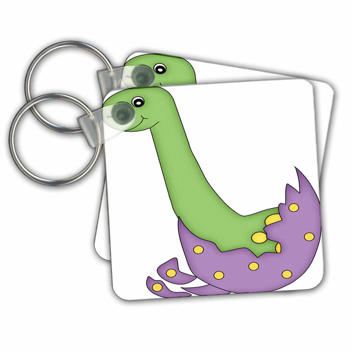 set of 2 Key Chains - Dark Green Dinosaur Hatching From A Purple and Yellow Egg Illustration Dinosaurs