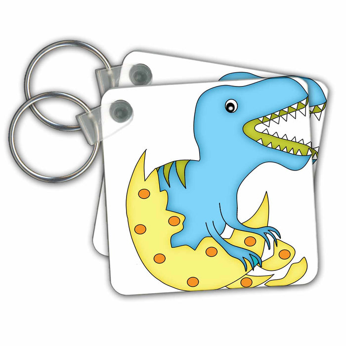 set of 4 Key Chains - Blue and Green Dinosaur Hatching From A Yellow and Orange Egg Illustration Dinosaurs