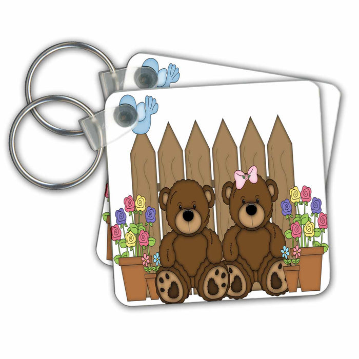 set of 4 Key Chains - Cute Boy and Girl Teddy Bears With Potted Flowers Illustration Illustrations