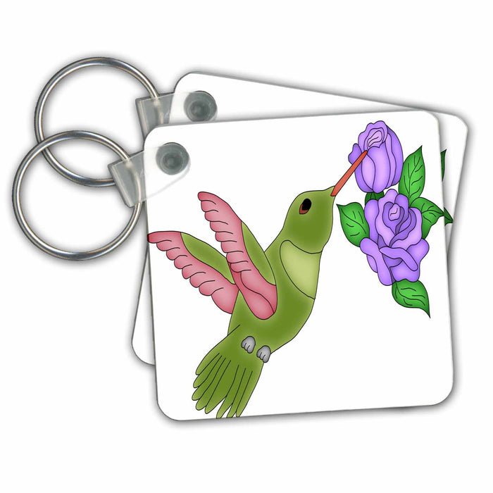 set of 6 Key Chains - Cute Green and Pink Hummingbird and Purple Flowers Illustration Illustrations