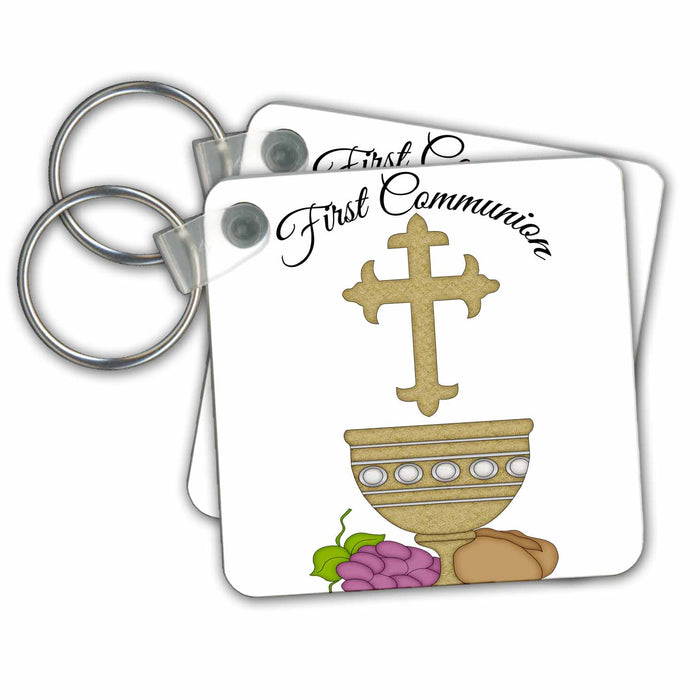 set of 2 Key Chains - First Communion Cross and Chalice Illustration Religious