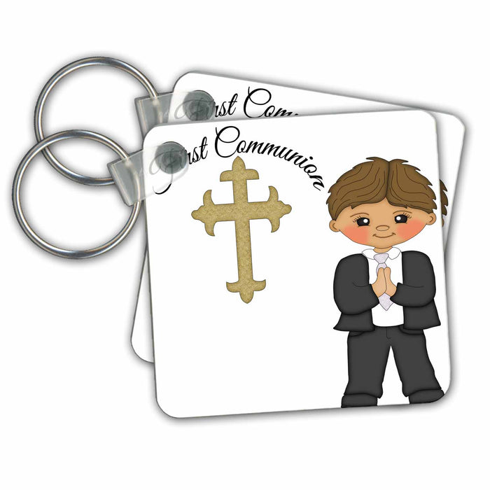 set of 2 Key Chains - First Communion Cross With Little Boy Illustration Religious