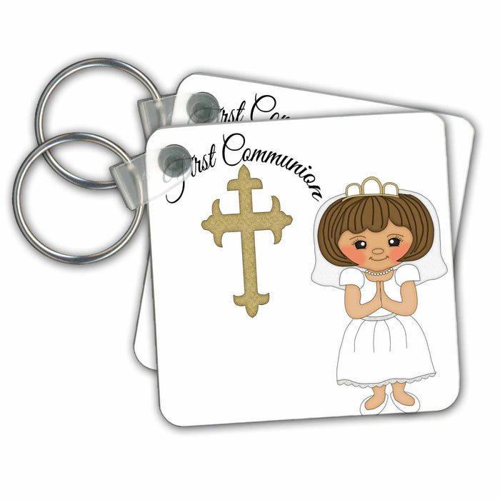 set of 6 Key Chains - First Communion Cross With Little Girl Illustration Religious