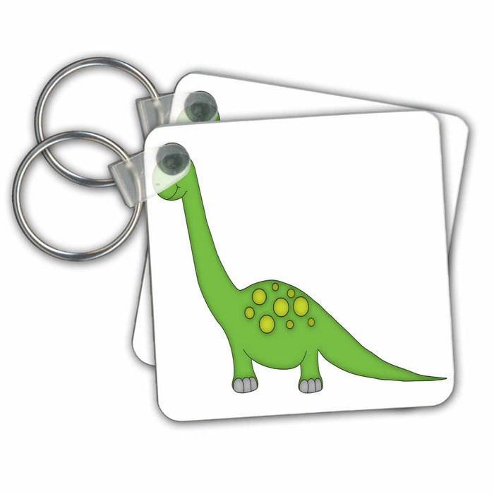 set of 2 Key Chains - Cute Green and Yellow Standing Dinosaur Dinosaurs