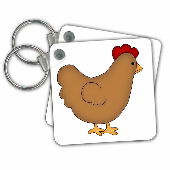 set of 4 Key Chains - Farm Brown and Red Chicken Illustration Illustrations