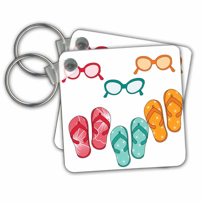 set of 2 Key Chains - Cute Flip Flops With Matching Sunglasses Illustration Illustrations