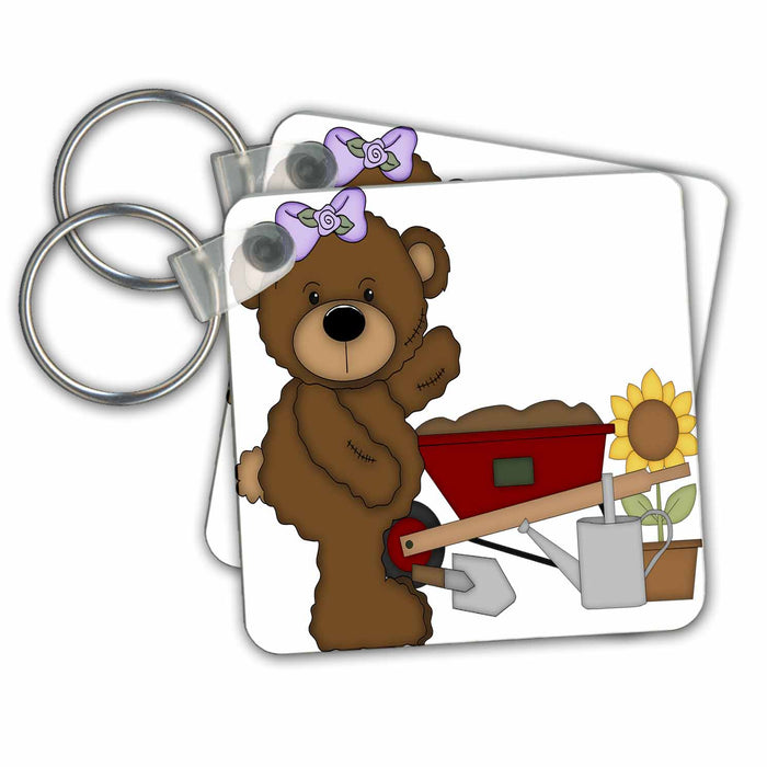 set of 6 Key Chains - Cute Brown Girl Teddy Bear Gardening Illustration Illustrations