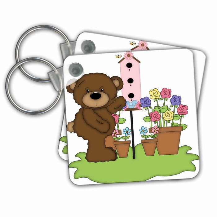 set of 6 Key Chains - Cute Brown Teddy Bear With A Bird House and Potted Flowers Illustration Illustrations