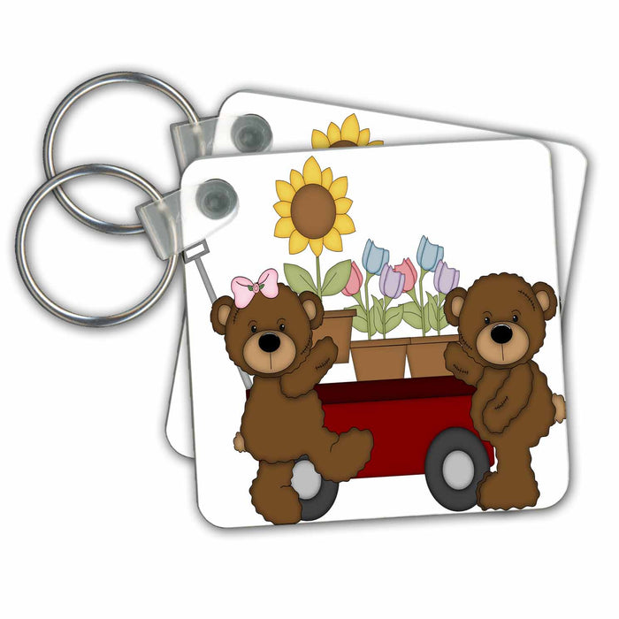 set of 2 Key Chains - Cute Brown Teddy Bears With A Wheelbarrow Full Of Potted Flowers Illustrations