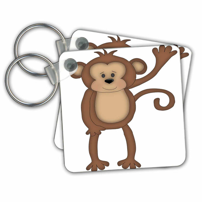 set of 4 Key Chains - Cute Brown Jungle Monkey Saying Hi Illustration Jungle