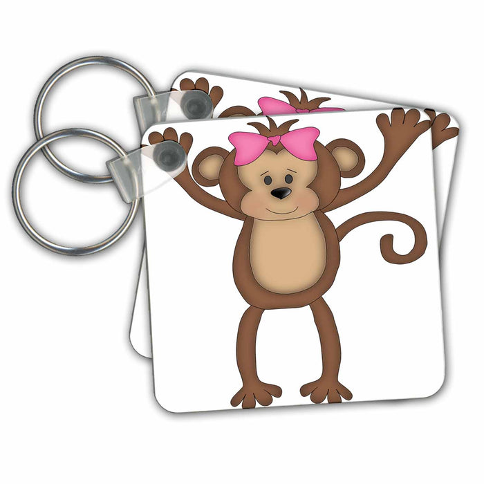 set of 4 Key Chains - Cute Brown Jungle Girl Monkey With A Pink Bow Illustration Jungle