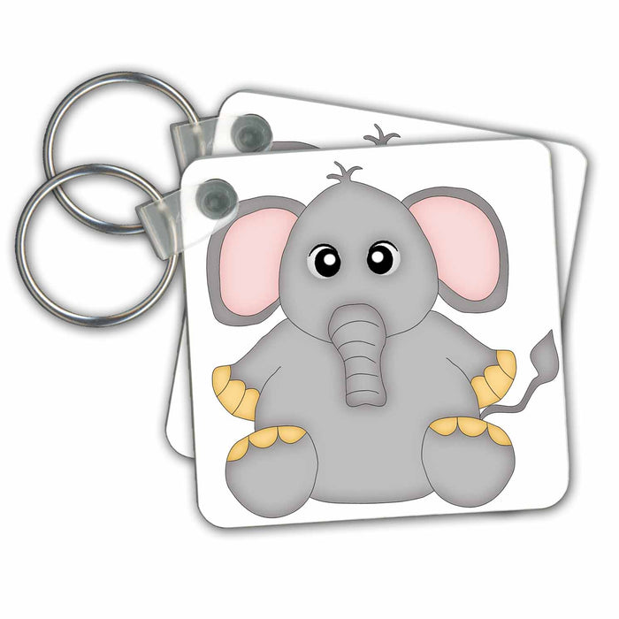 set of 6 Key Chains - Cute Gray and Pink Big Eyed Elephant Illustration Jungle