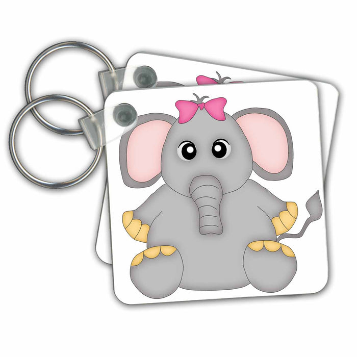 set of 6 Key Chains - Cute Gray and Pink Girl Big Eyed Elephant Illustration With A Pink Bow Jungle