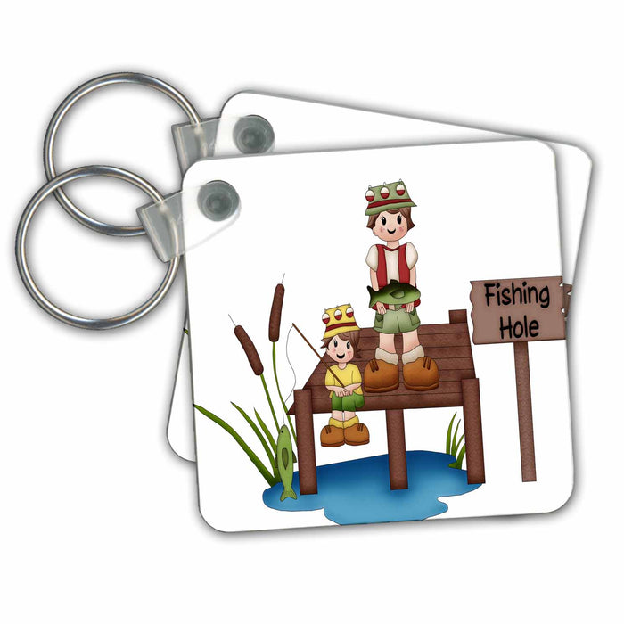 set of 6 Key Chains - Cute Dad and Son Fishing On A Dock Illustration Fishing