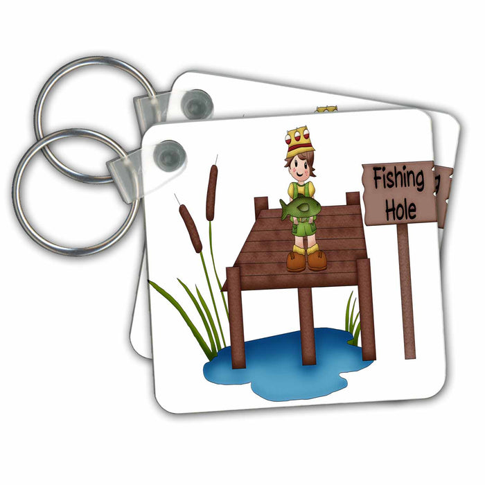 set of 4 Key Chains - Cute Little Boy With A Fish On A Dock Illustration Fishing