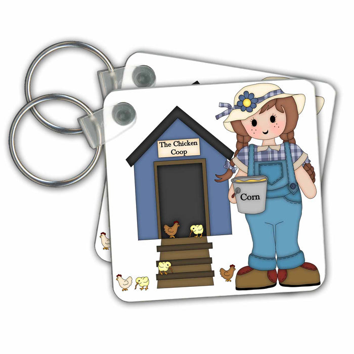 set of 4 Key Chains - Cute Little Country Farm Girl Feeding Her Chickens Illustrations Illustrations