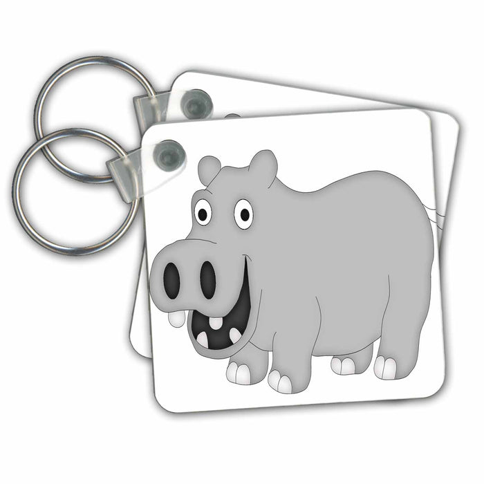 set of 2 Key Chains - Cute Gray Hippopotamus Illustration Jungle