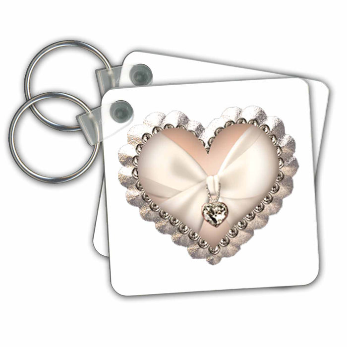 set of 2 Key Chains - Pink and White Faux Jeweled Heart Hearts