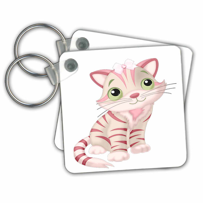 set of 4 Key Chains - Cute Pink and White Cat Illustration With Green Eyes Cats