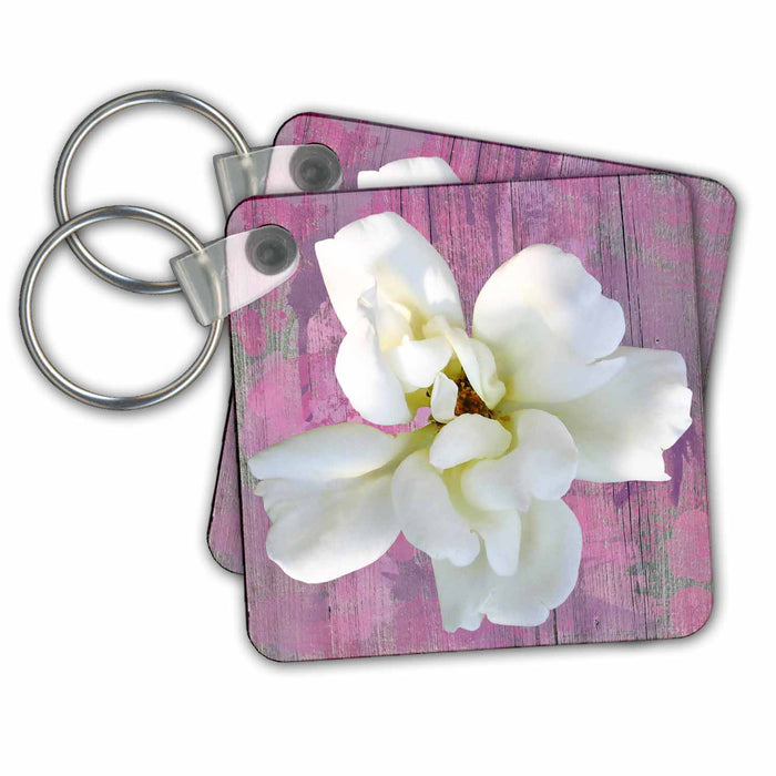 set of 6 Key Chains - Pretty White Flower Against A Distressed Pink and Purple Wood Background Flowers