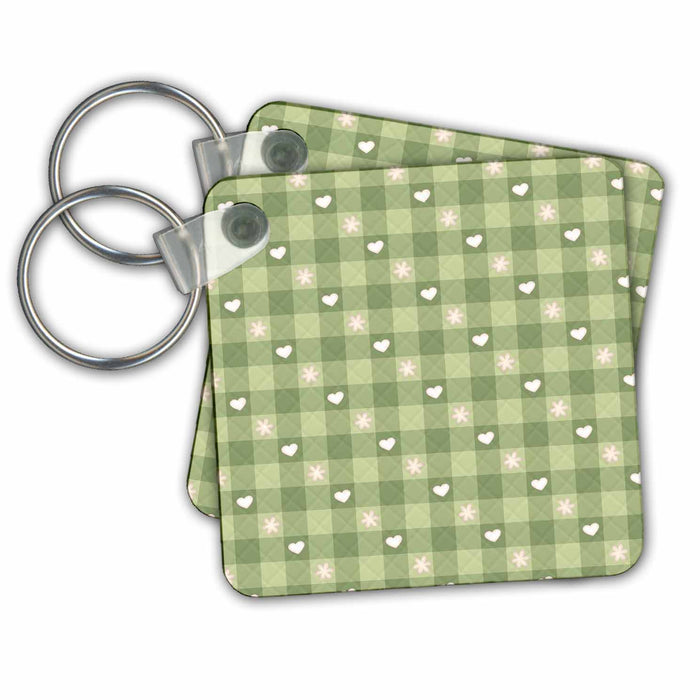 set of 2 Key Chains - Cute White Hearts Against A Quilted Effect Squares Background Hearts