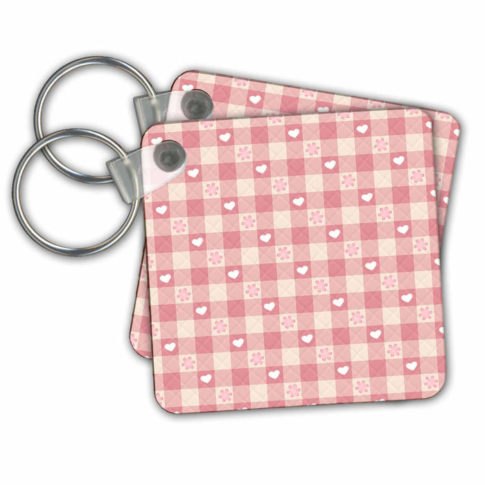 set of 6 Key Chains - Cute White Hearts Against A Quilted Effect Pink Squares Background Hearts