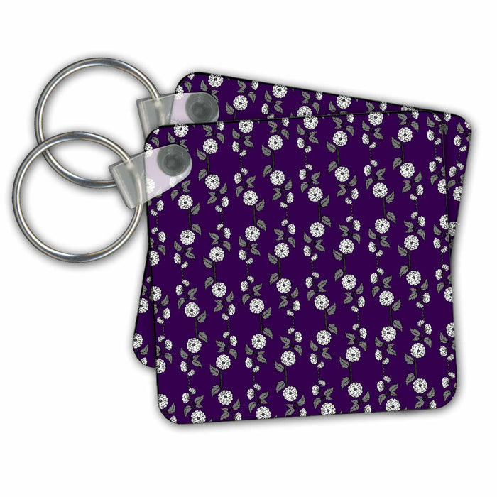 set of 4 Key Chains - Pretty Gray and White Vines Of Flowers On A Purple Background Flowers