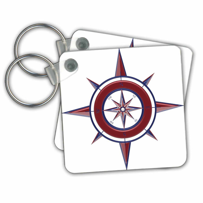 set of 6 Key Chains - Red and Blue Nautical Compass Nautical