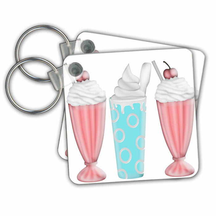 set of 6 Key Chains - Two Ice Cream Sundaes and A Milkshake In Pink, Aqua, and White Illustration Ice Cream