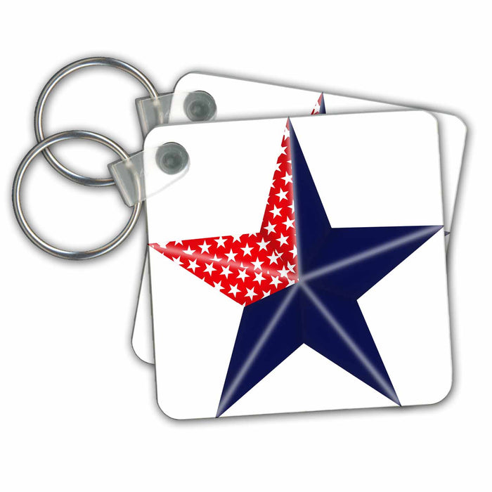 set of 6 Key Chains - Red, White, and Blue Star With Stars Patriotic