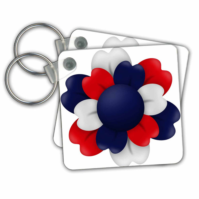 set of 6 Key Chains - Red, White, and Blue Flower Illustration Patriotic