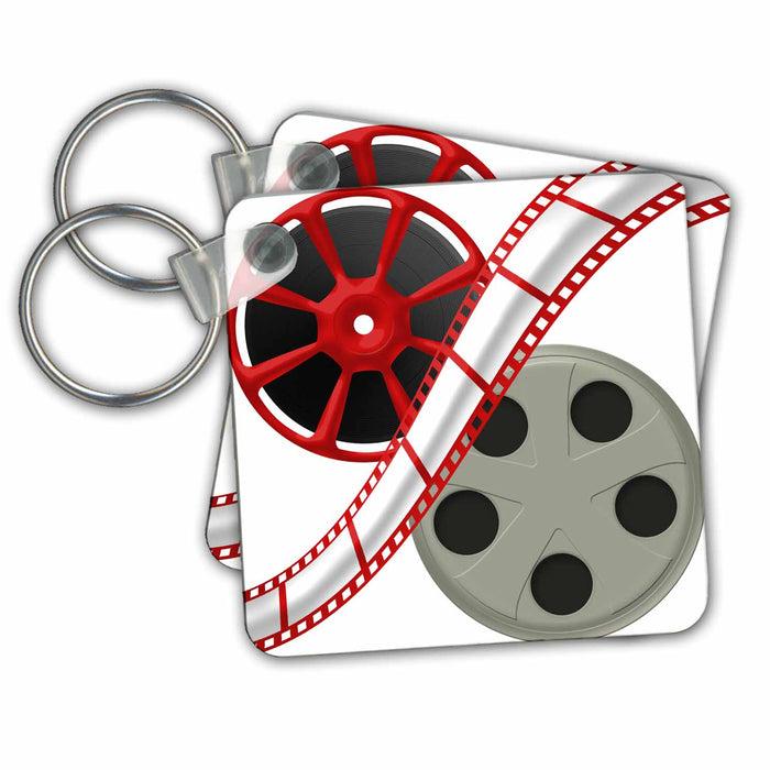 set of 6 Key Chains - Two Movie Reels With Movie Tape Down The Middle Illustration Theater