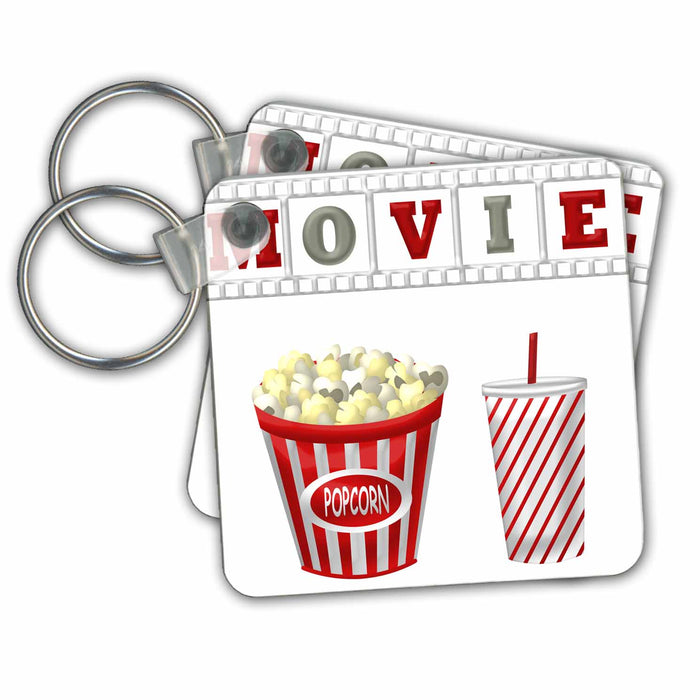 set of 6 Key Chains - The Word Movie With Popcorn and Soda Illustration in Red, White, and Gray Theater