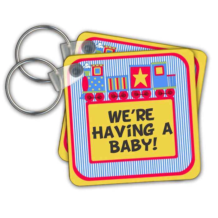 set of 2 Key Chains - Baby Announcement Train Red and Blue Baby Announcement