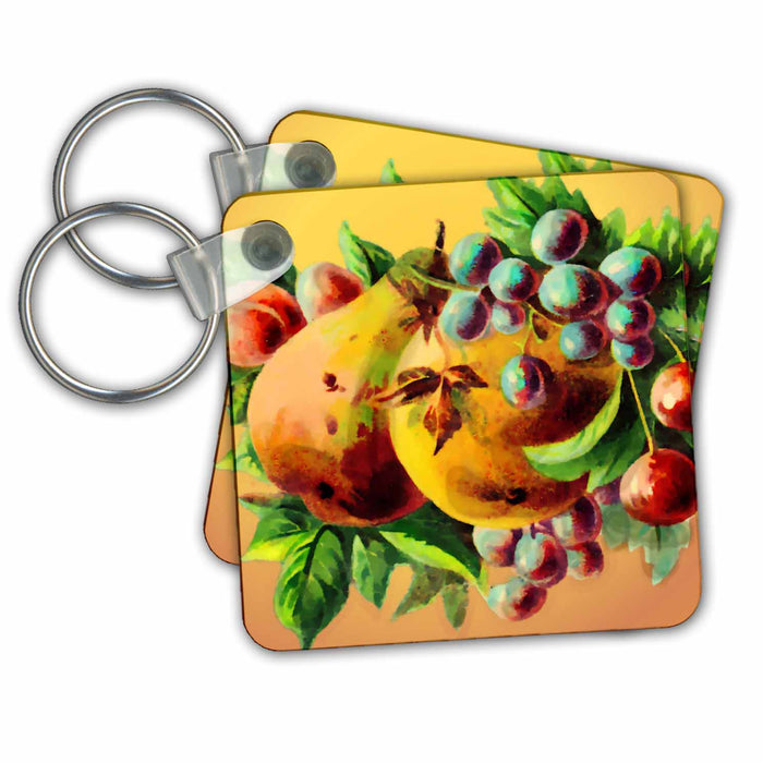 set of 4 Key Chains - Pears Grapes and Apricot Vintage Food and Drink