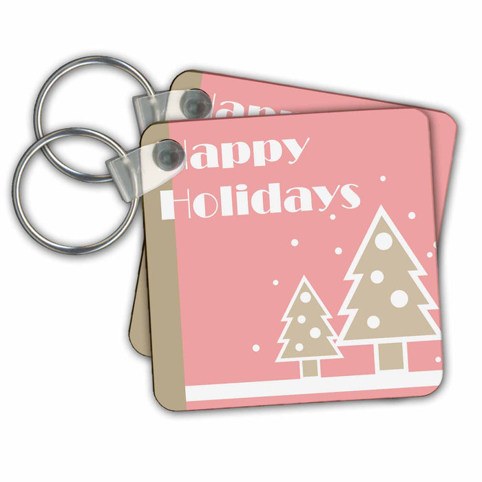 set of 4 Key Chains - Pink and Tan Holiday Trees Christmas