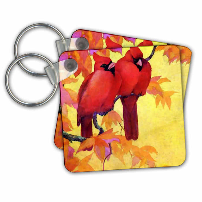 set of 6 Key Chains - Red cardinals and Gold Autumn Leaves Birds